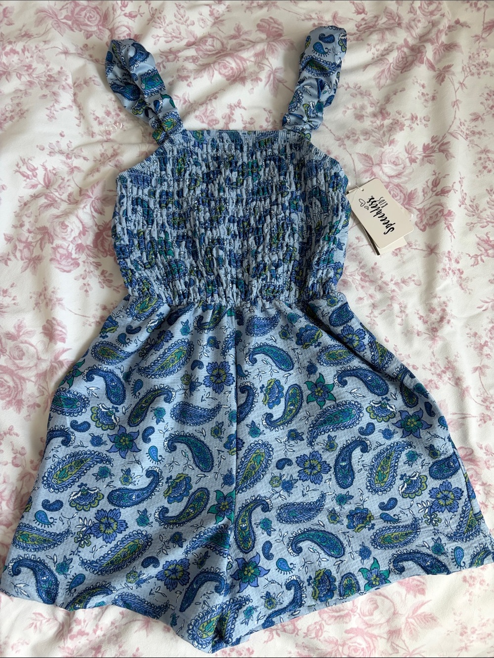 Speechless Blue Paisley Smocked shorts Romper Dress with Green Accents